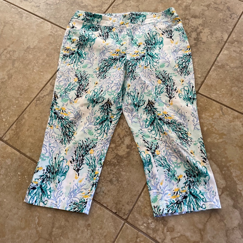 Coconut Row Palm Beach Womens 12P Petite Coral Reef Print Capri Pants Blue Green